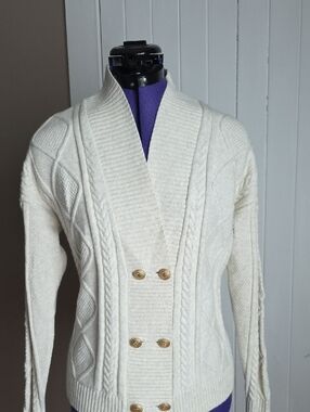 J. Jill Cream Shawl-Collar Cable Knit Double-Breasted Cardigan